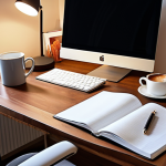 **

> Cozy home office setup. Ergonomic chair, adjustable desk lamp, natural light, minimal distractions. Coffee cup and agenda visible. Focus on creating a productive and comfortable workspace.

**