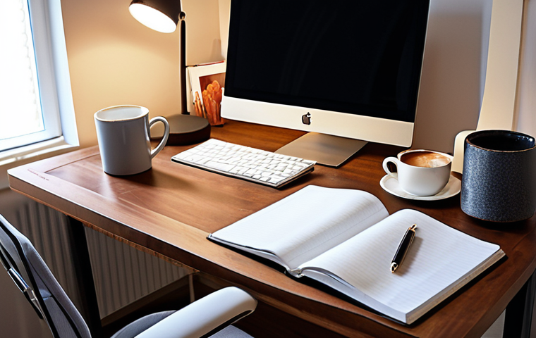 **

> Cozy home office setup. Ergonomic chair, adjustable desk lamp, natural light, minimal distractions. Coffee cup and agenda visible. Focus on creating a productive and comfortable workspace.

**