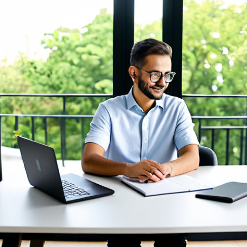 Home 5 A professional person, gender-neutral, in modest, comfortable yet appropriate smart casual attire, sitting calmly at a modern home office desk. The setting is bright and clean, with a large window offering a soft, blurred view of green foliage or a quiet urban balcony, symbolizing work-life balance and tranquility. A cup of coffee and a small plant are on the desk. The subject is fully clothed, engaged in focused work on a laptop, with a natural pose. This image emphasizes productivity and personal well-being in a flexible environment. perfect anatomy, correct proportions, well-formed hands, proper finger count, natural body proportions, professional photography, high quality, safe for work, appropriate content, modest clothing, family-friendly.