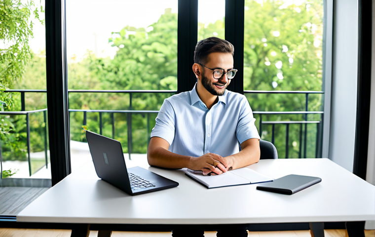 A professional person, gender-neutral, in modest, comfortable yet appropriate smart casual attire, sitting calmly at a modern home office desk. The setting is bright and clean, with a large window offering a soft, blurred view of green foliage or a quiet urban balcony, symbolizing work-life balance and tranquility. A cup of coffee and a small plant are on the desk. The subject is fully clothed, engaged in focused work on a laptop, with a natural pose. This image emphasizes productivity and personal well-being in a flexible environment. perfect anatomy, correct proportions, well-formed hands, proper finger count, natural body proportions, professional photography, high quality, safe for work, appropriate content, modest clothing, family-friendly.