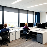 A diverse group of professional individuals, male and female, collaboratively working in a modern hybrid office setting. They are fully clothed in professional, modest business attire, including suits, blouses, and collared shirts. The scene features a split view: one person is in a clean, contemporary home office with a minimalist desk and a bright window; another is in a vibrant, open-plan office space with ergonomic chairs and collaborative screens; a third is participating from a remote, sunlit workstation with a subtle Scandinavian design influence. All are connected via high-resolution video calls on large monitors, displaying clear images of their colleagues. Laptops, tablets, and digital collaboration tools are visible. Perfect anatomy, correct proportions, natural pose, well-formed hands, proper finger count, natural body proportions. The lighting is soft and professional. safe for work, appropriate content, fully clothed, professional.