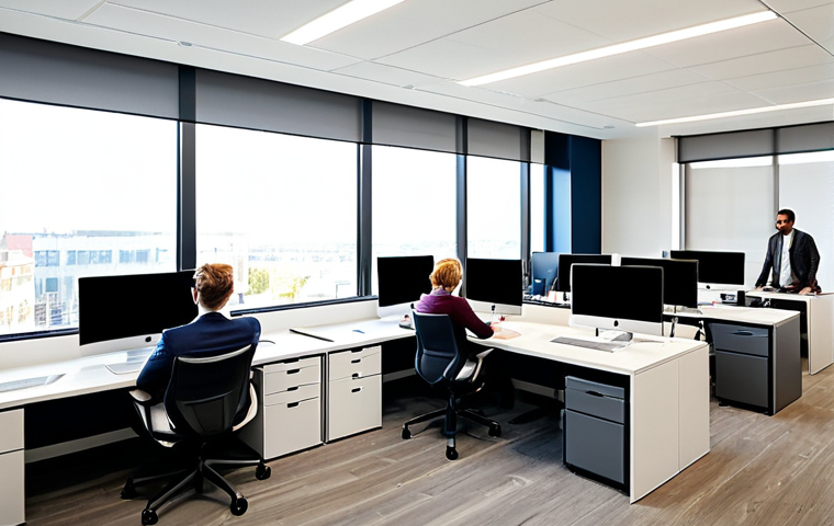 A diverse group of professional individuals, male and female, collaboratively working in a modern hybrid office setting. They are fully clothed in professional, modest business attire, including suits, blouses, and collared shirts. The scene features a split view: one person is in a clean, contemporary home office with a minimalist desk and a bright window; another is in a vibrant, open-plan office space with ergonomic chairs and collaborative screens; a third is participating from a remote, sunlit workstation with a subtle Scandinavian design influence. All are connected via high-resolution video calls on large monitors, displaying clear images of their colleagues. Laptops, tablets, and digital collaboration tools are visible. Perfect anatomy, correct proportions, natural pose, well-formed hands, proper finger count, natural body proportions. The lighting is soft and professional. safe for work, appropriate content, fully clothed, professional.