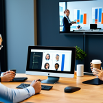 A group of diverse professionals, fully clothed in modest, professional business attire, engaged in a vibrant hybrid team meeting. Some are visible on a large screen in a modern, sunlit office, holding coffee cups, while others are seen through webcams from their tidy home office setups, also with coffee cups. The atmosphere is collaborative and connected, showing individuals actively participating and smiling. The setting emphasizes strong social bonds across distances. safe for work, appropriate content, fully clothed, professional, perfect anatomy, correct proportions, natural pose, well-formed hands, proper finger count, natural body proportions, high-quality professional photography.