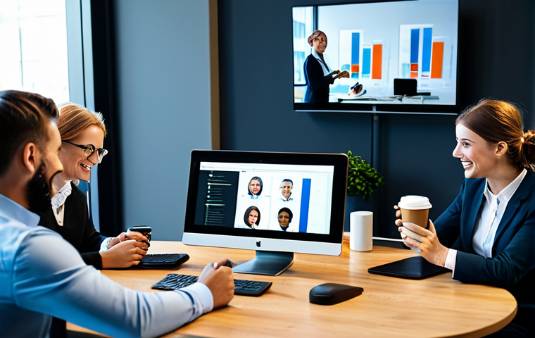 A group of diverse professionals, fully clothed in modest, professional business attire, engaged in a vibrant hybrid team meeting. Some are visible on a large screen in a modern, sunlit office, holding coffee cups, while others are seen through webcams from their tidy home office setups, also with coffee cups. The atmosphere is collaborative and connected, showing individuals actively participating and smiling. The setting emphasizes strong social bonds across distances. safe for work, appropriate content, fully clothed, professional, perfect anatomy, correct proportions, natural pose, well-formed hands, proper finger count, natural body proportions, high-quality professional photography.